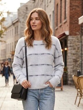 Cyrus Women's Soft Gray and Black Striped Sweater